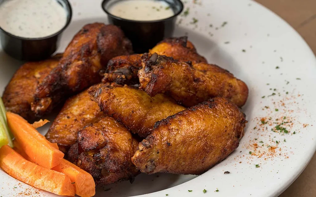 Golden-brown chicken wings, carrots, celery, and dipping sauce on a white plate.