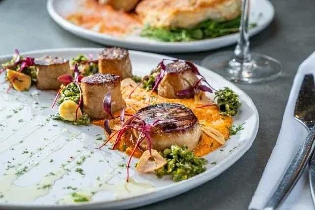 Five seared scallops artfully plated with colorful sauces and herbs.