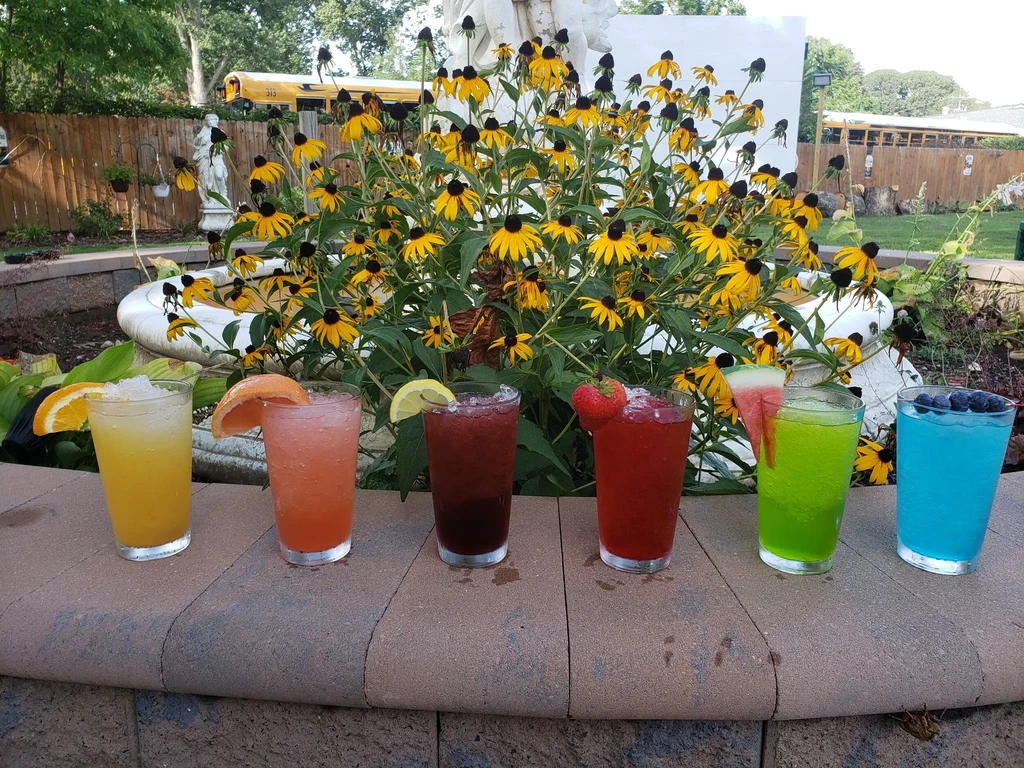Six colorful iced drinks with fruit on a stone wall outdoors.
