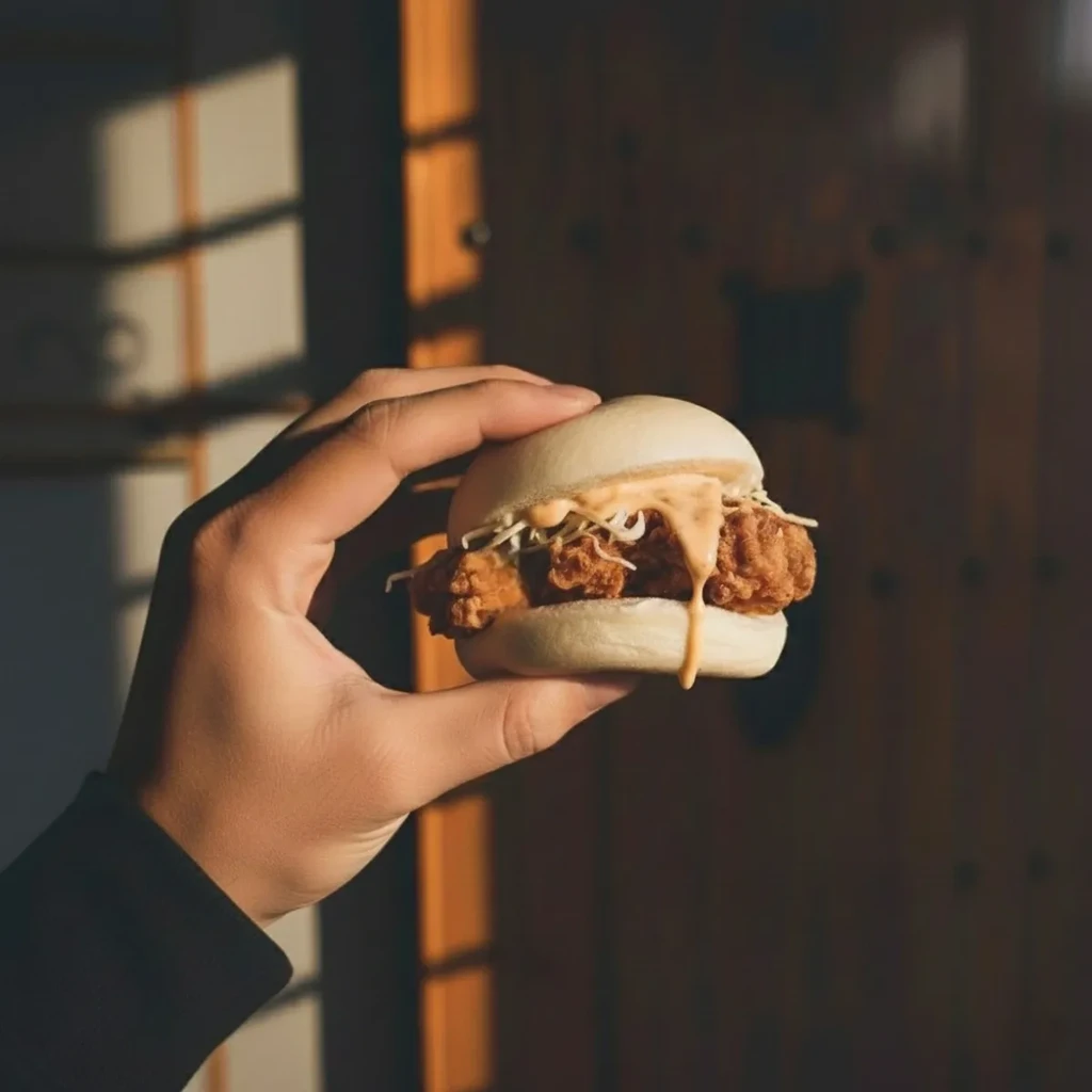 Hand holding a fried chicken bao bun with orange sauce and slaw.