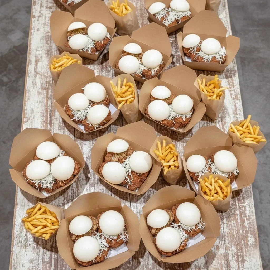 Takeaway boxes with fried cutlets, buns, and fries on a wooden table.