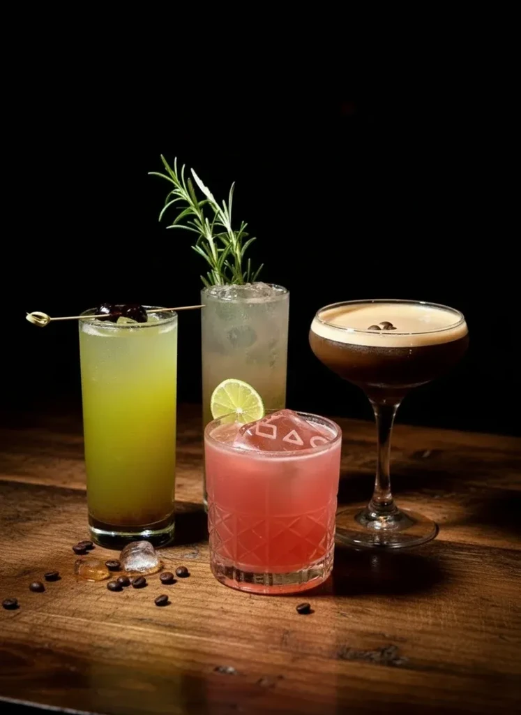 Four uniquely garnished cocktails on a dark wooden surface.