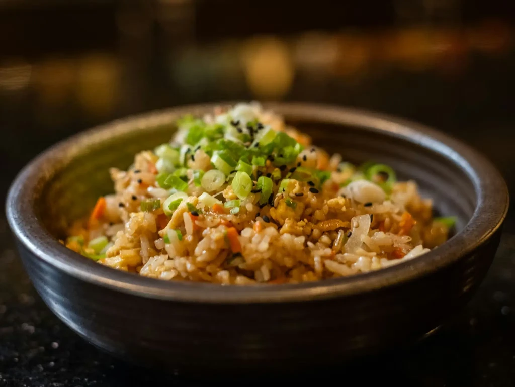 Well-lit bowl of fried rice with egg, carrots, green onions, sesame seeds.