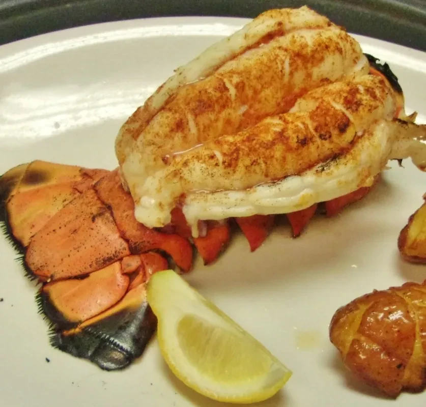 Cooked lobster tail, seasoned, with lemon and roasted potatoes on a plate.