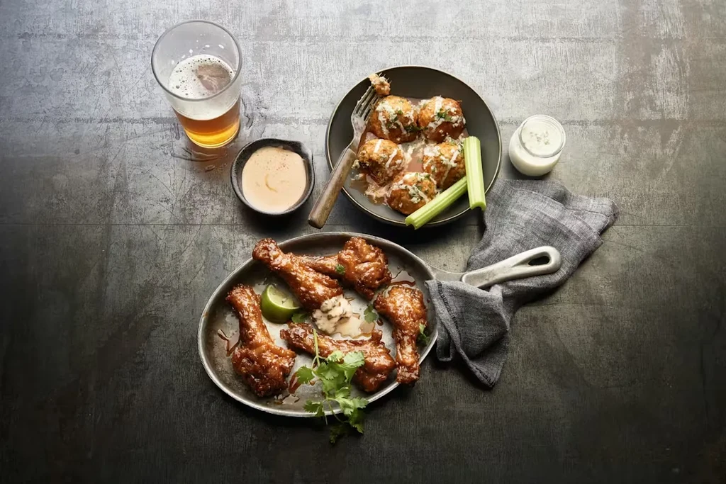 Overhead: Chicken, spherical appetizers, beer, and sauces on a dark table.