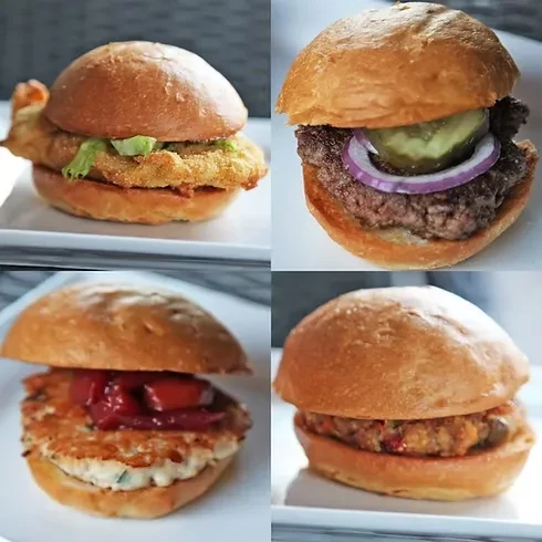 A collage of four diverse slider sandwiches on white plates.