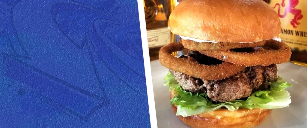 Vertical split: blue panel beside burger with onion rings, cinnamon whiskey.