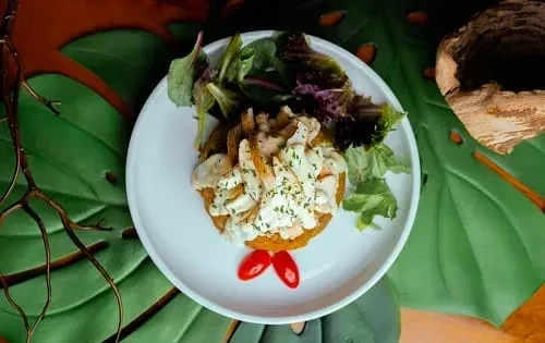 Savory golden dish with creamy meat, herbs, salad, and tomato garnish.