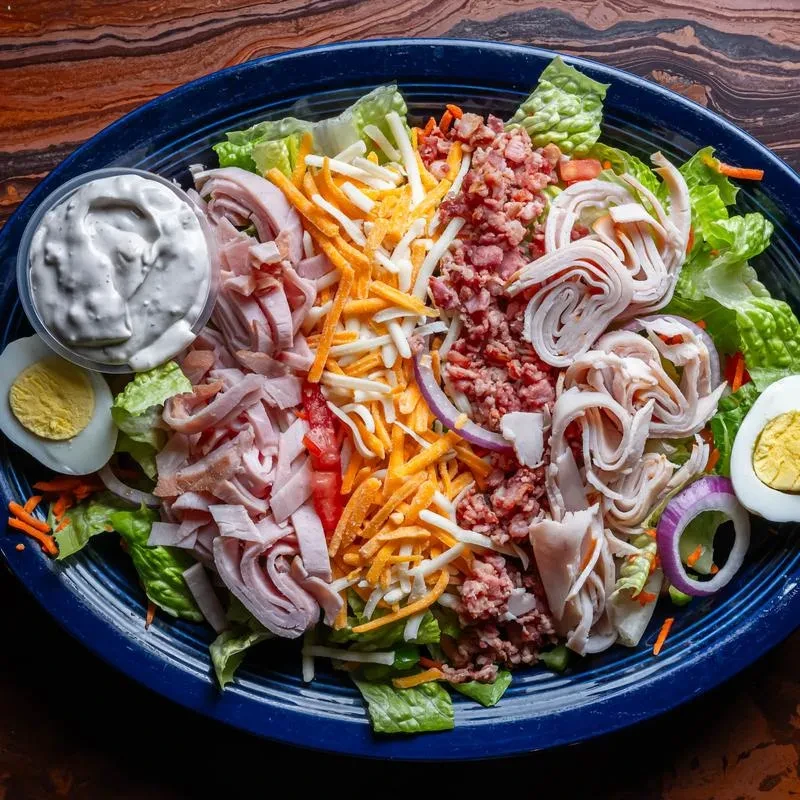 Colorful chef's salad with ham, turkey, cheese, egg, bacon, and dressing.