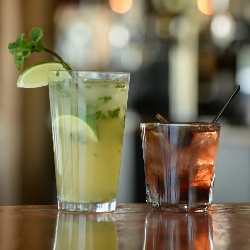 Two cocktails: green drink with mint, amber drink with ice.