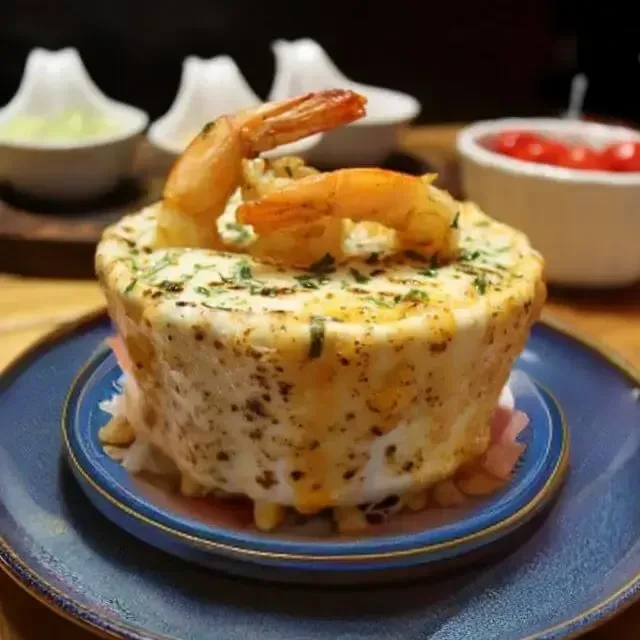 Golden-brown cylindrical dish with melted cheese, herbs, and two cooked shrimp.