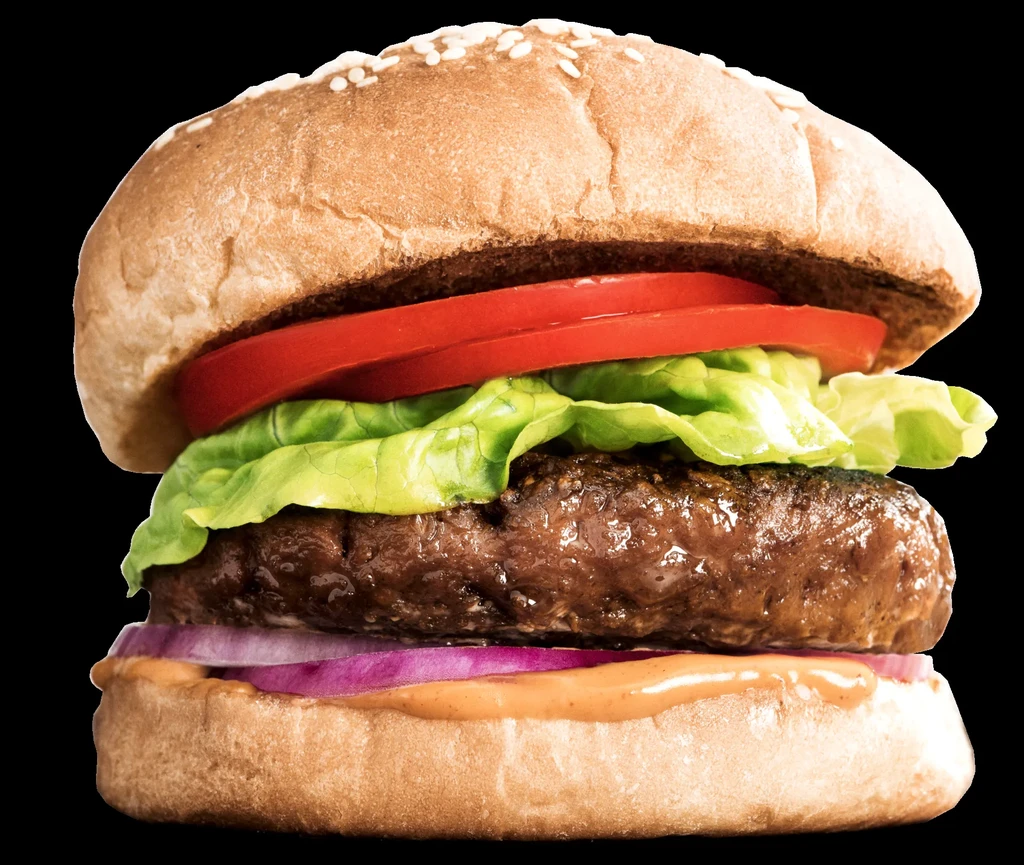 Studio shot of a stacked burger with beef patty, lettuce, tomato, onion.