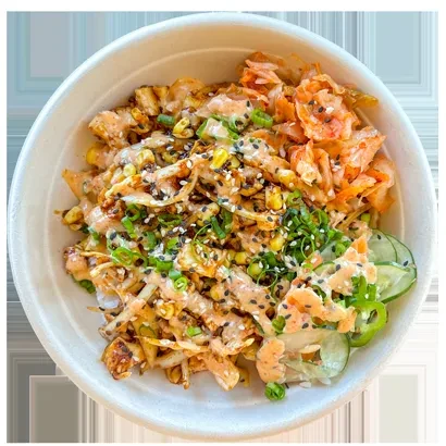 Overhead colorful food bowl with protein, vegetables, sauce, and sesame seeds.