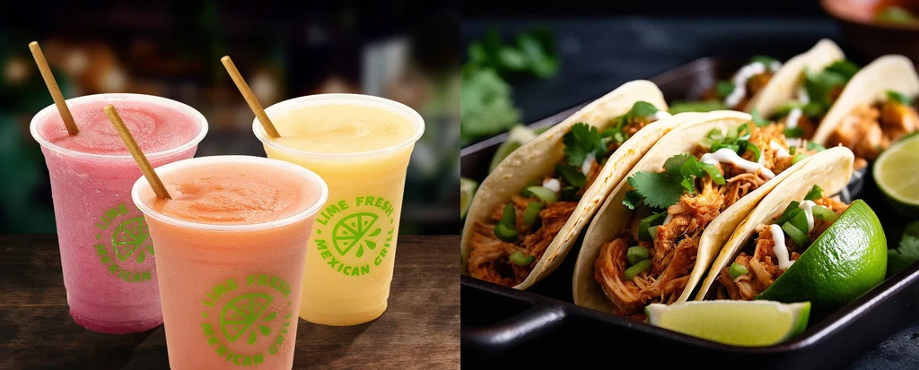 Lime Fresh Mexican Grill slushy drinks and chicken tacos.