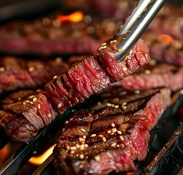 Tongs holding sesame-sprinkled steak with grill marks over fire.