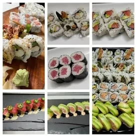 Collage of nine photos showing various sushi and sashimi dishes.