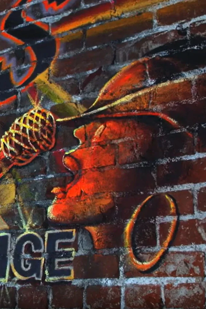Colorful graffiti mural: figure with hat, vintage microphone on brick wall.