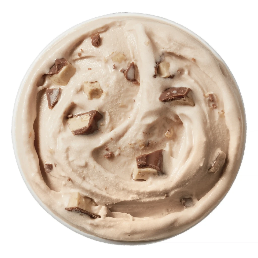 Brown swirled ice cream with chocolate candy bar chunks in white container.