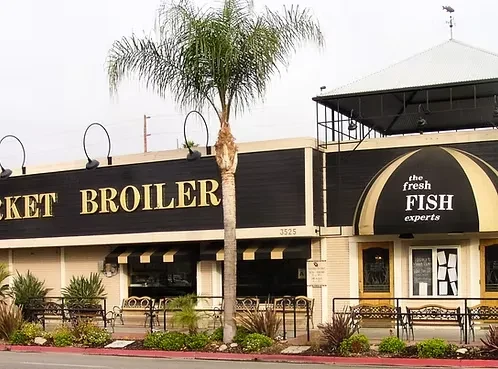 Commercial building: Picket Broiler, Fresh Fish Experts, with prominent palm tree.