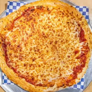 Whole, freshly baked cheese pizza with golden crust and melted cheese.