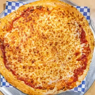 Whole cheese pizza with melted, bubbly cheese and golden crust.