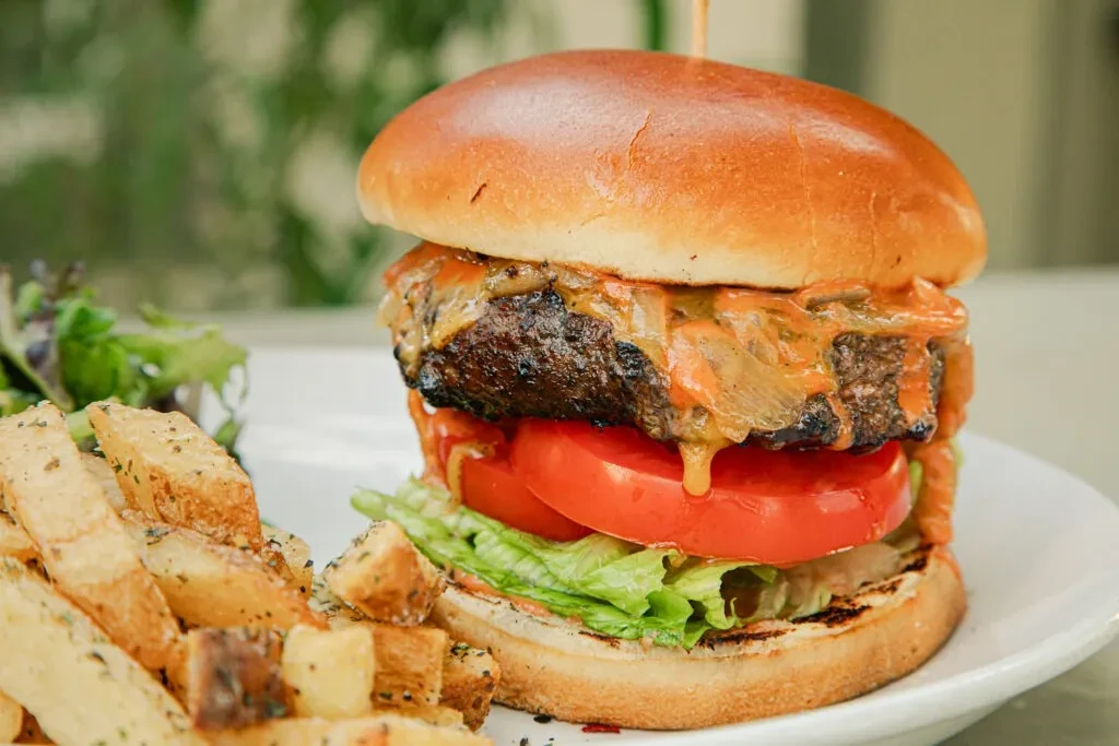 Close-up of a gourmet burger and seasoned fries on a white plate.