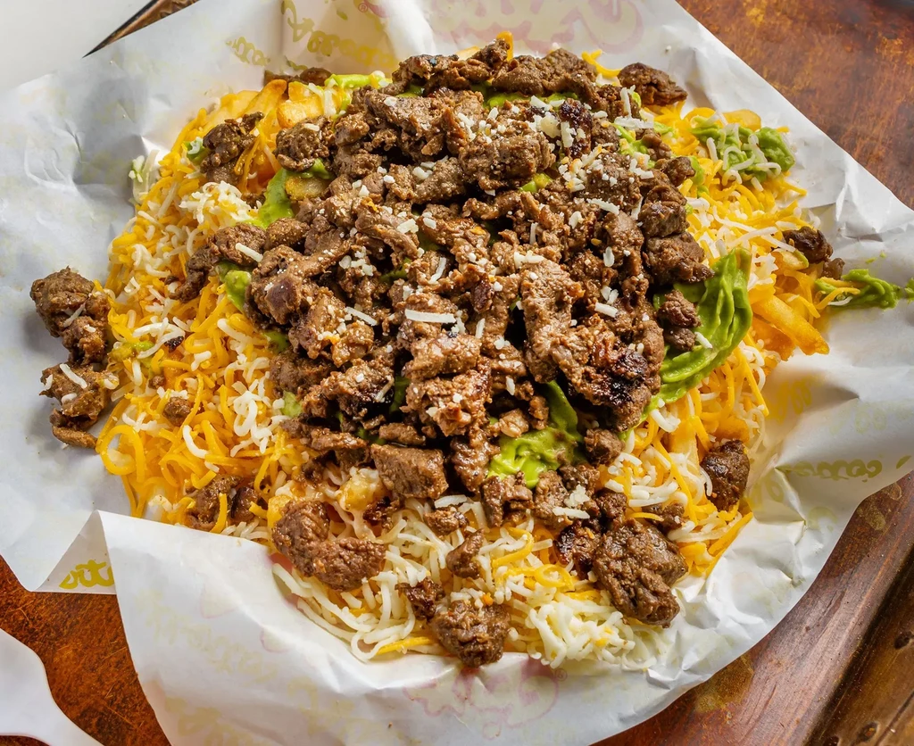 Loaded french fries with carne asada, cheese, and guacamole.