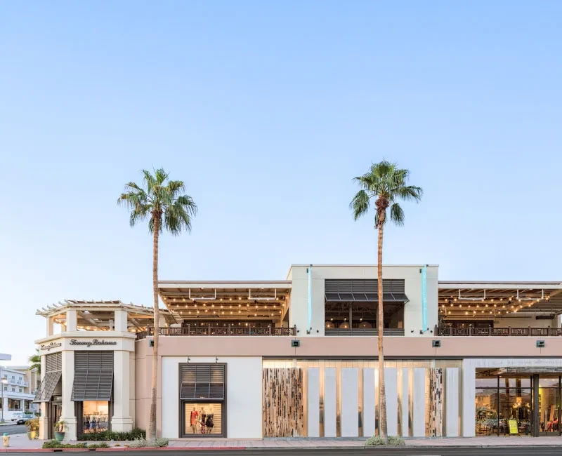 Modern Tommy Bahama building, palm trees, and upper patio with string lights.