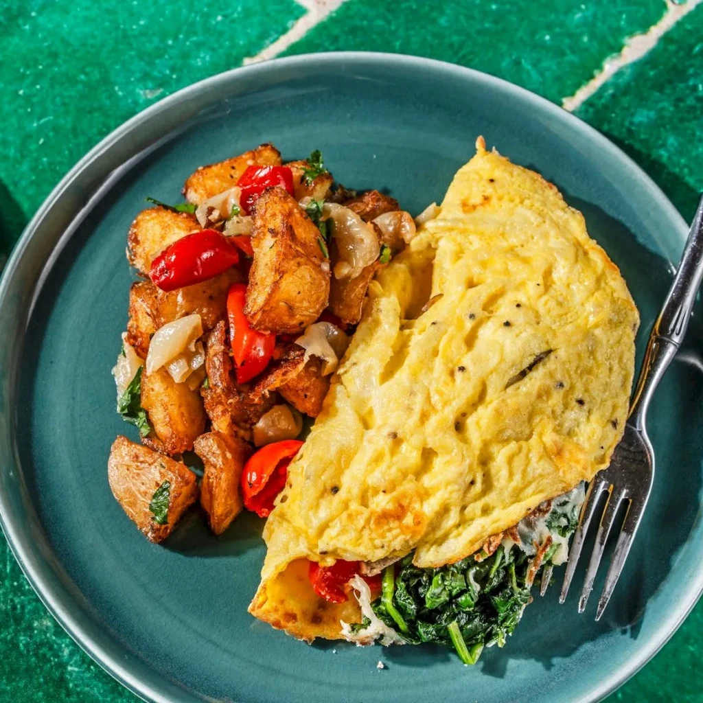 Omelette with spinach, roasted potatoes, and tomatoes on a teal plate.