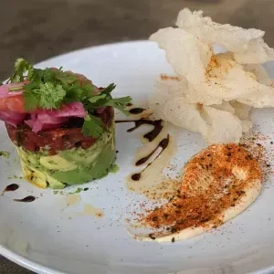 Plated layered tartare appetizer: green, red-brown layers, crisps, and sauces.