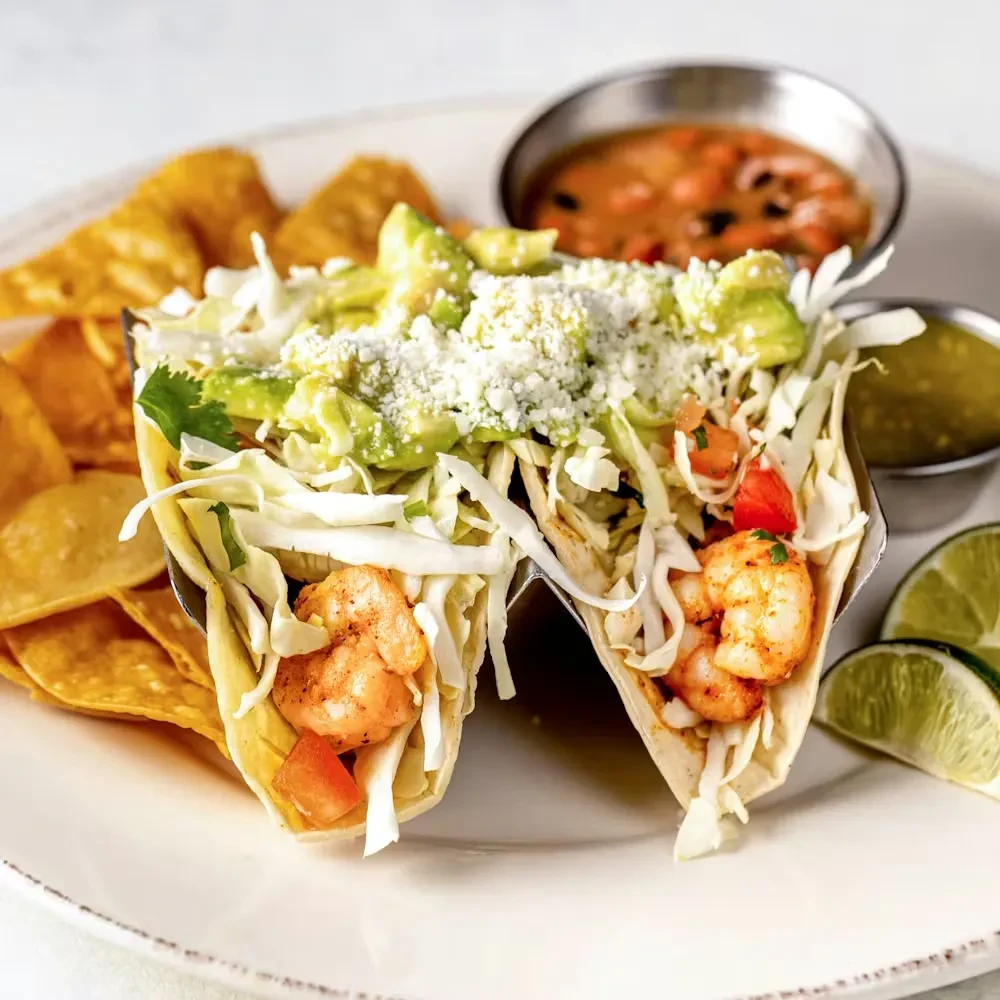 Two shrimp tacos with guacamole, cheese, chips, and two salsas.