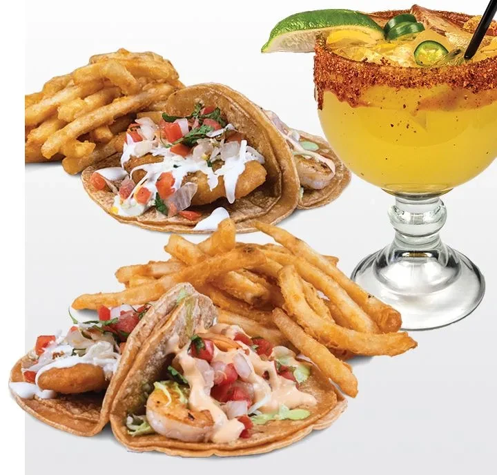 Two types of fries, fish and shrimp tacos, and a jalapeño cocktail.