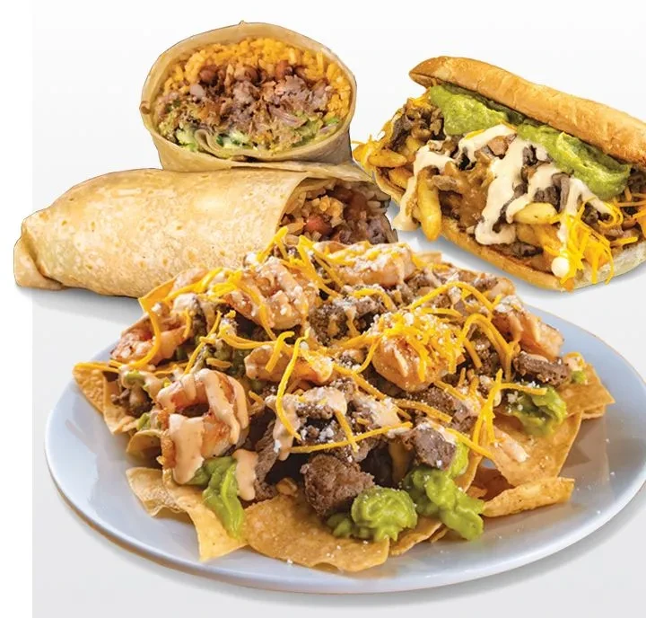Loaded nachos, two burritos, and a large sandwich, studio shot.