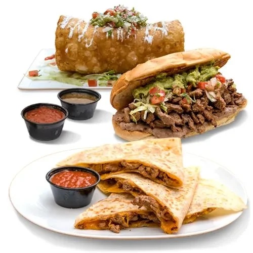 Three Mexican dishes: fried burrito, torta, and quesadillas with sauces.