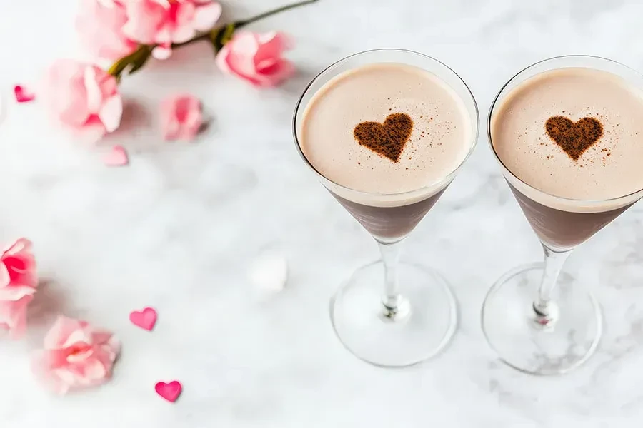 Two heart-stenciled martini glasses, pink flowers, and heart confetti.