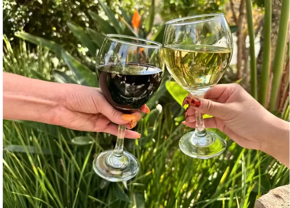 Hands toasting red and white wine glasses with contrasting nail polish.