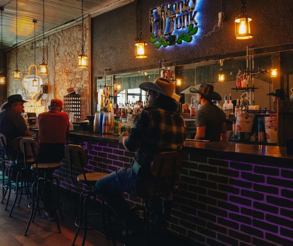 "Honky Tonk" neon sign illuminates a rustic bar with patrons in cowboy hats.