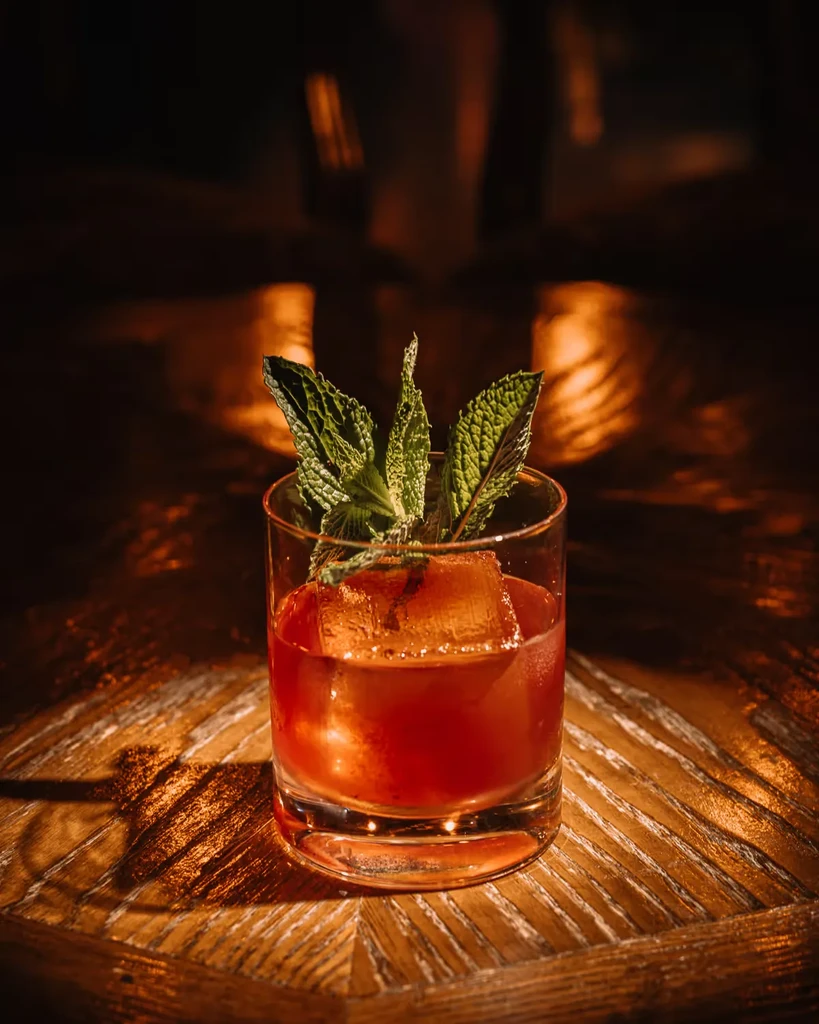 Reddish cocktail in old-fashioned glass with mint on wood table.