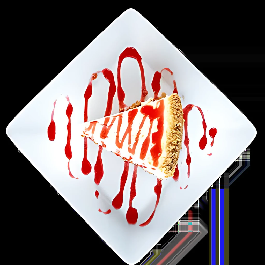 Cheesecake slice with red berry drizzle on white plate, black background.