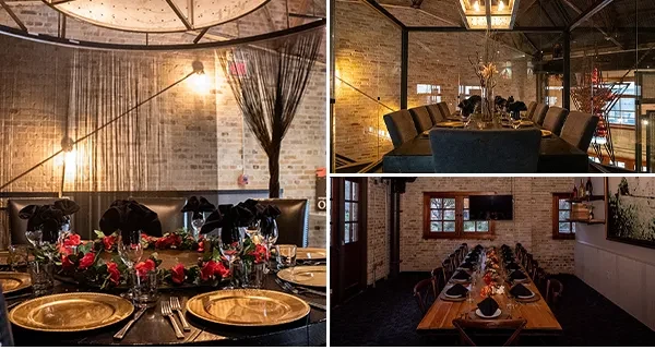 Collage of three distinct, elegantly set dining and event spaces.