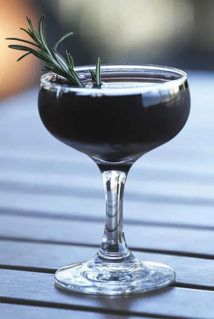 Dark cocktail in a coupe glass with rosemary on a wood table.