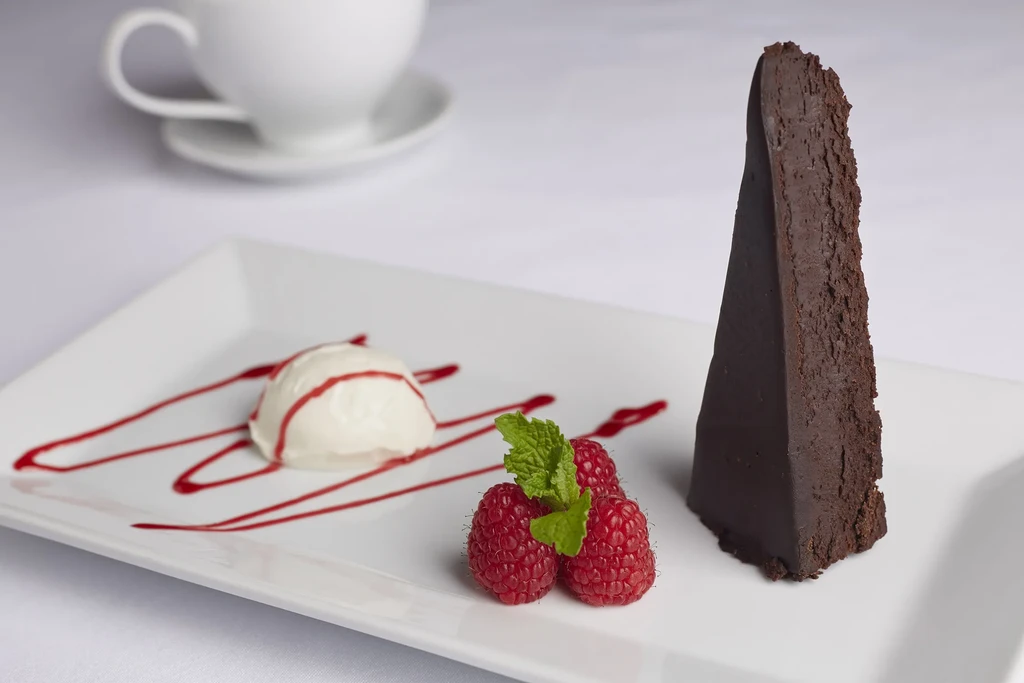 Dark chocolate cake slice, ice cream, raspberries, and mint on a white plate.