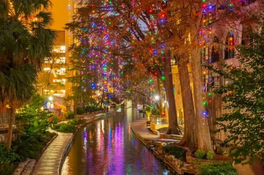 Colorful lights on riverwalk trees reflect on calm water at night.