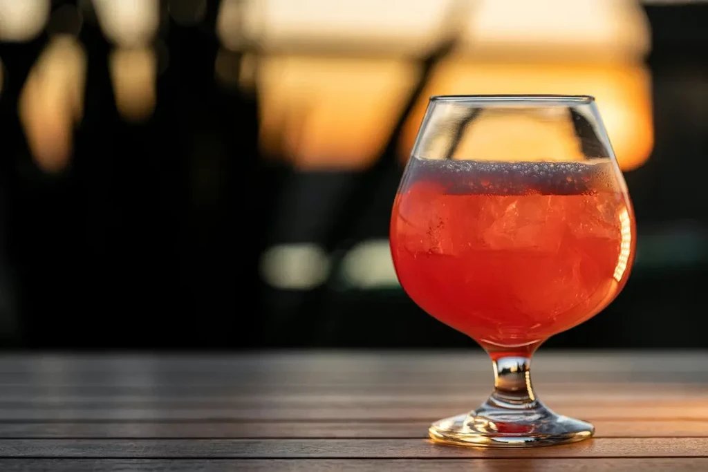 Vibrant reddish-orange drink with ice in stemmed glass on wood.