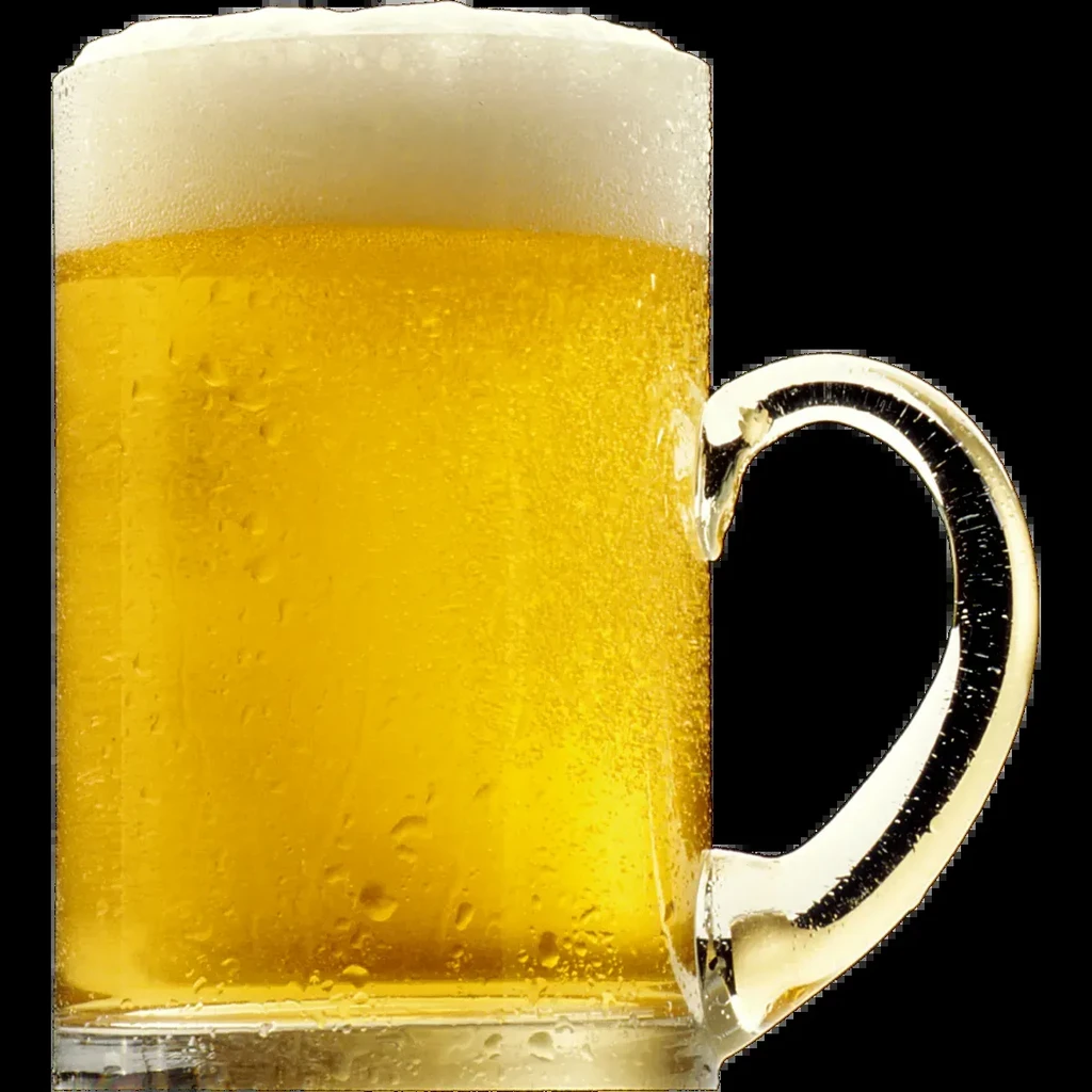 Golden beer with white foam in a frosted glass mug on black.