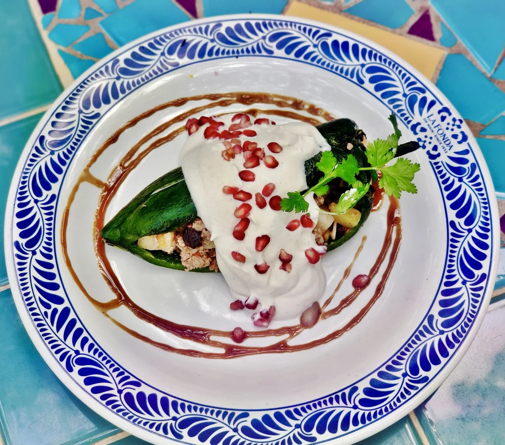 Green chile relleno, white sauce, pomegranate, cilantro, and dark drizzle.