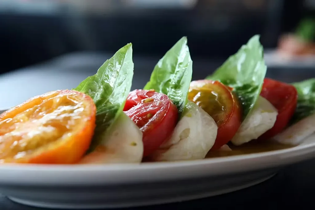 Neatly plated Caprese salad with tomatoes, mozzarella, and basil.