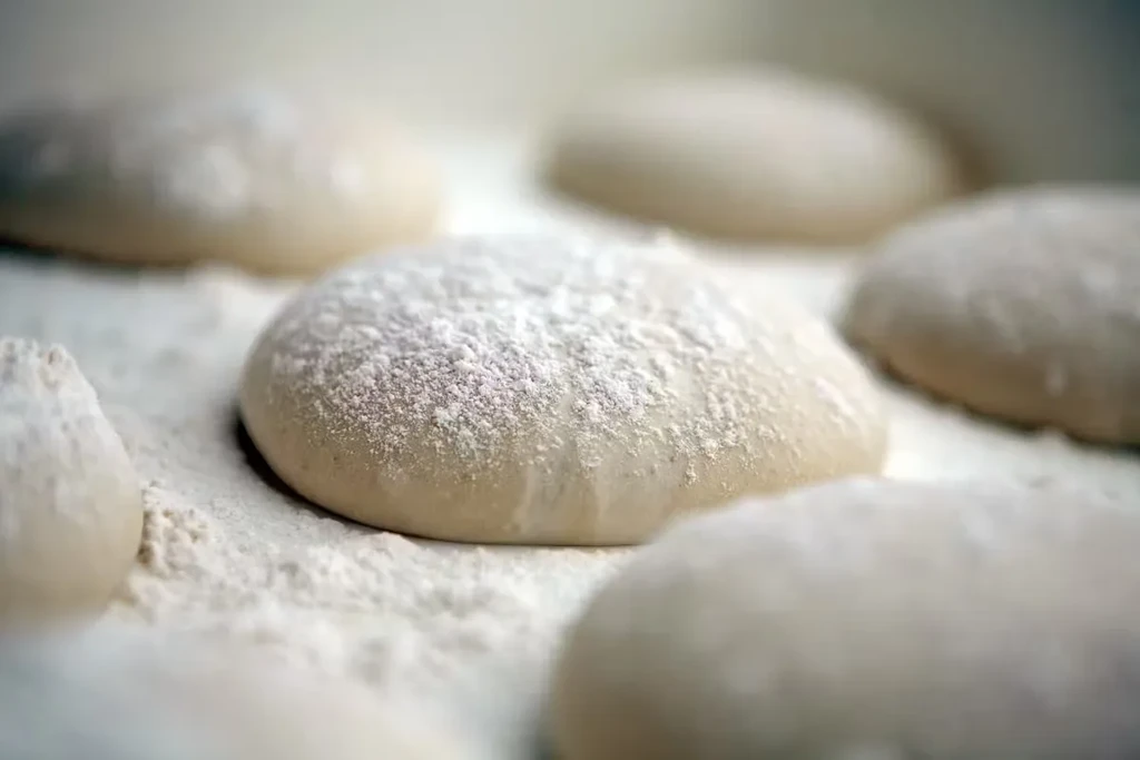 Multiple flour-dusted dough balls rest on a floured surface.