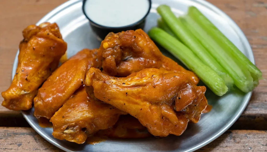 Spicy buffalo chicken wings, celery, and white dip on a metal plate.