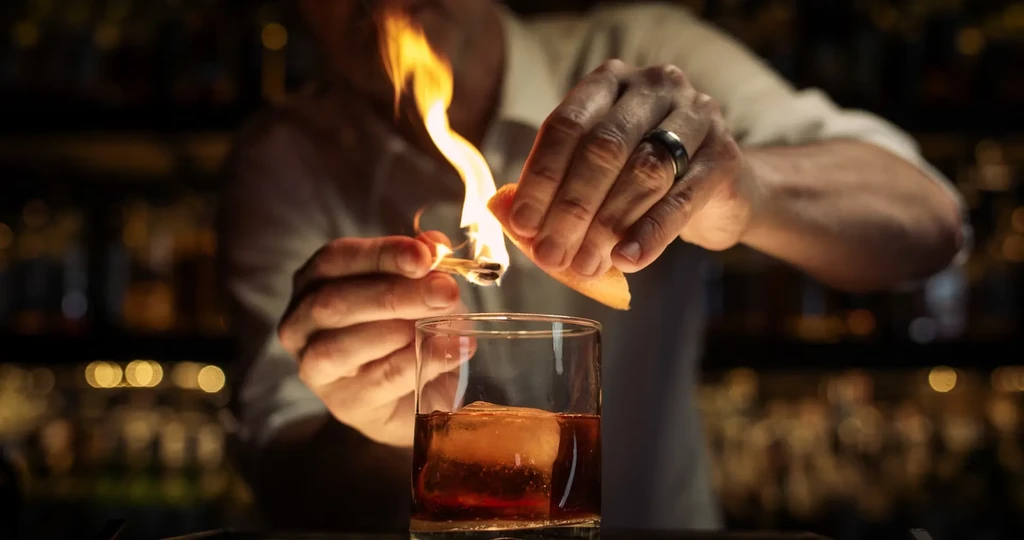 Hands flaming orange peel over amber cocktail with large ice.